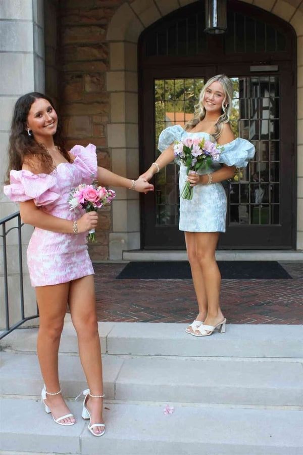 Tight Strapless Puff Sleeves Floral Satin Mini Homecoming Dress