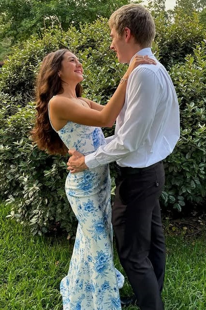 Trumpet Spaghetti Straps Floral Party Prom Dress With High Split