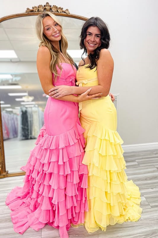Trumpet Strapless Empire Tiered Chiffon Party Prom Dress