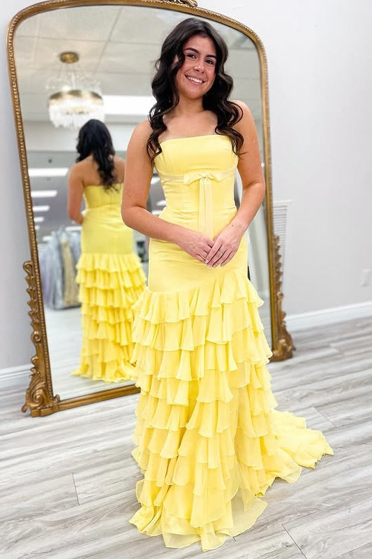 Trumpet Strapless Empire Tiered Chiffon Party Prom Dress