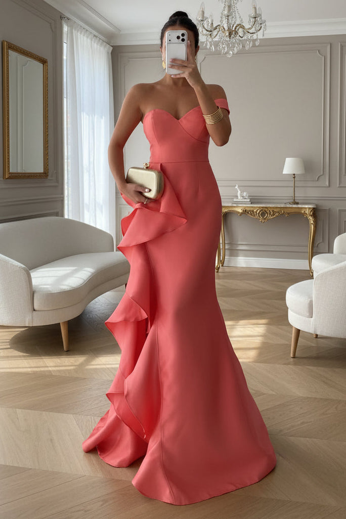 Trumpet Sweetheart One Shoulder Ruffle Split Party Prom Dress