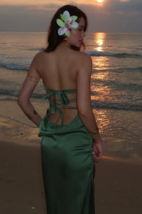 Tube Top Lace-Up Satin Fitted Party Evening Dress With Slit
