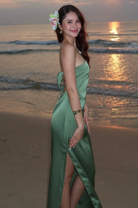 Tube Top Lace-Up Satin Fitted Party Evening Dress With Slit