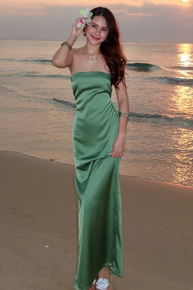 Tube Top Lace-Up Satin Fitted Party Evening Dress With Slit