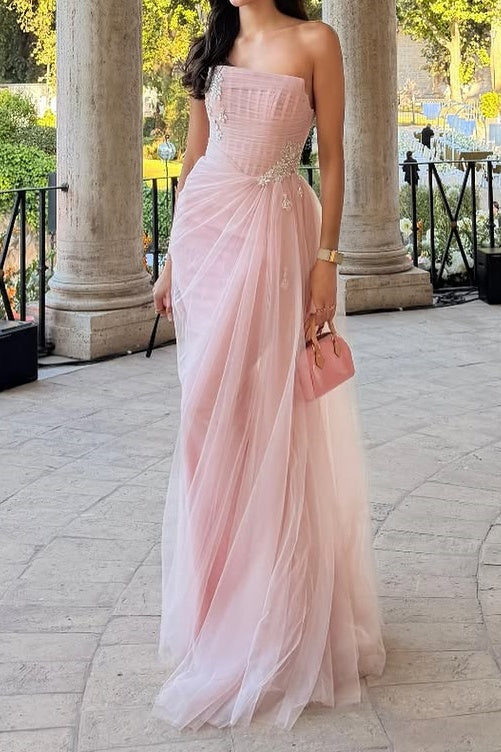 Tulle A-Line Empire Beaded Strapless Maxi Party Prom Dress