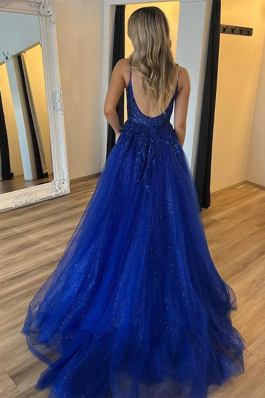 Tulle A-Line Lace Appliques A-Line Backless Split Party Prom Dress