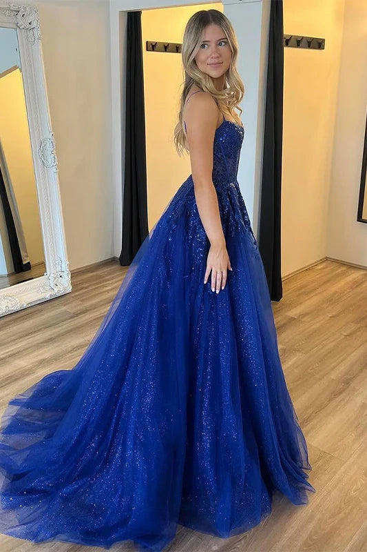 Tulle A-Line Lace Appliques A-Line Backless Split Party Prom Dress