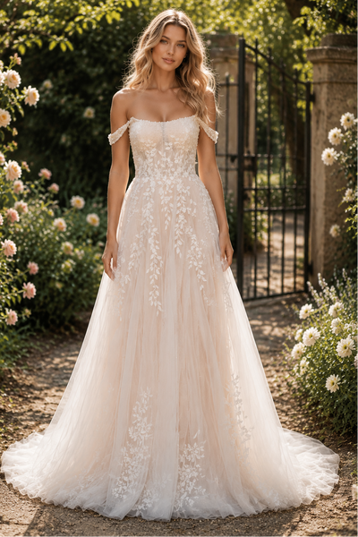 Tulle A-Line Lace Appliques Boat Off-Shoulder Maxi Wedding Dress