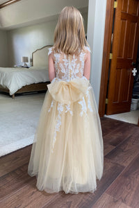 Tulle A-Line Lace Appliques Long Flower Girl Dress With Bow 