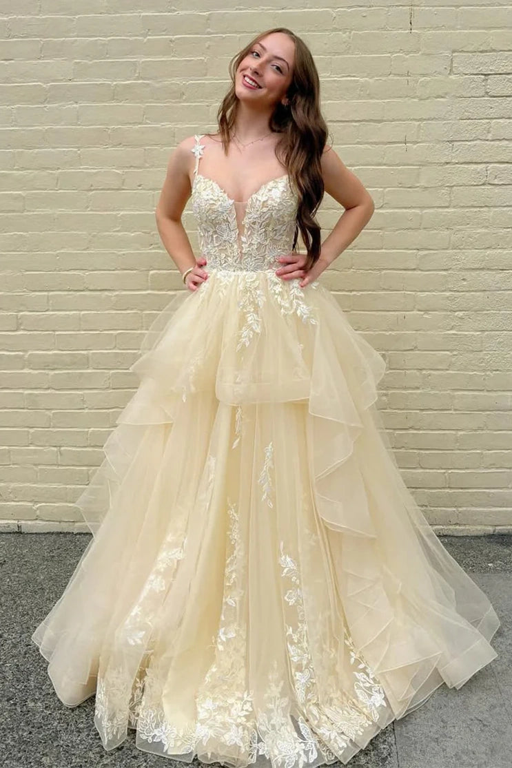 Tulle A-Line Lace Appliques V-Neck Sleeveless Formal Prom Dress