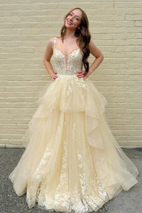 Tulle A-Line Lace Appliques V-Neck Sleeveless Formal Prom Dress