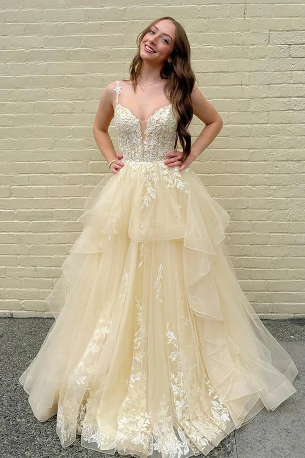 Tulle A-Line Lace Appliques V-Neck Sleeveless Formal Prom Dress