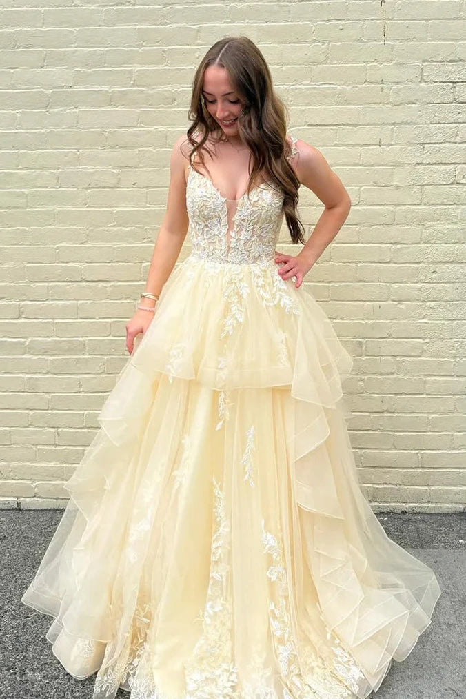 Tulle A-Line Lace Appliques V-Neck Sleeveless Formal Prom Dress