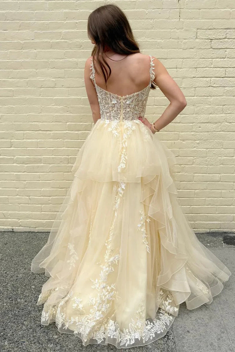 Tulle A-Line Lace Appliques V-Neck Sleeveless Formal Prom Dress