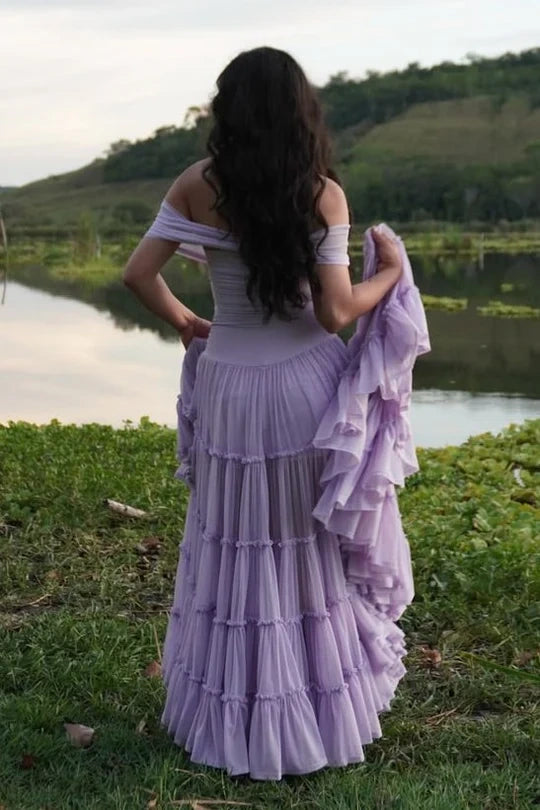 Tulle A-Line Off-Shoulder Empire Floor-Length Party Prom Dress