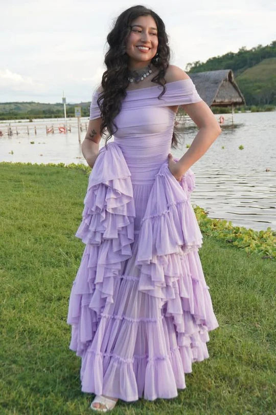 Tulle A-Line Off-Shoulder Empire Floor-Length Party Prom Dress