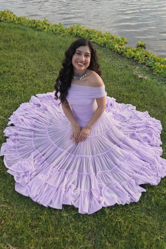 Tulle A-Line Off-Shoulder Empire Floor-Length Party Prom Dress