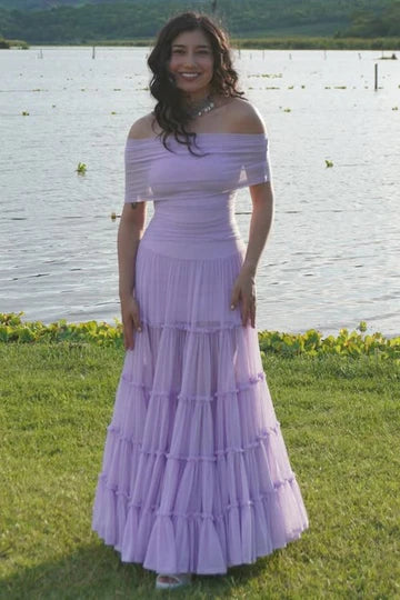 Tulle A-Line Off-Shoulder Empire Floor-Length Party Prom Dress