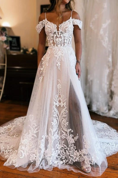 Tulle A-Line Sleeveless High Waist Lace Appliques Wedding Dress