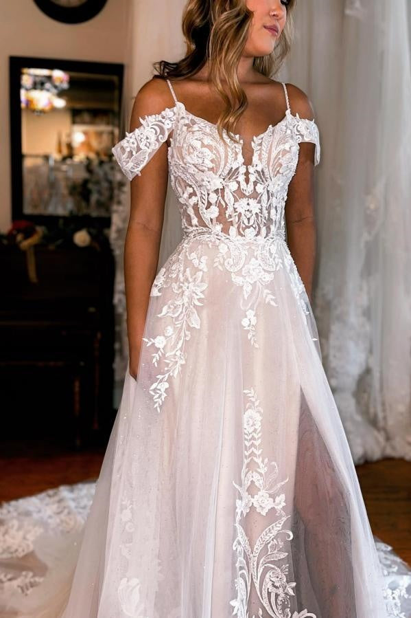 Tulle A-Line Sleeveless High Waist Lace Appliques Wedding Dress
