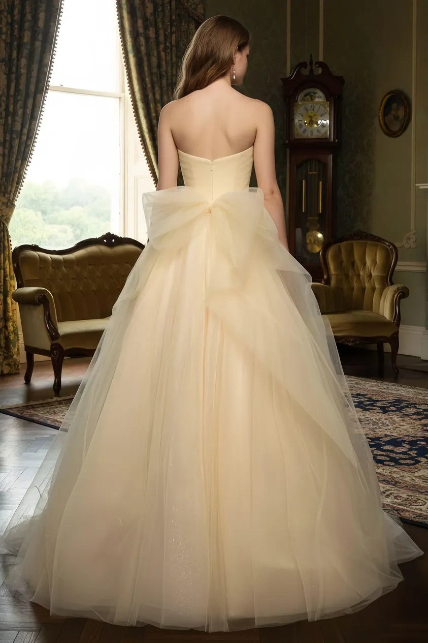 Tulle A-Line Strapless High Waist Party Prom Dress With Train