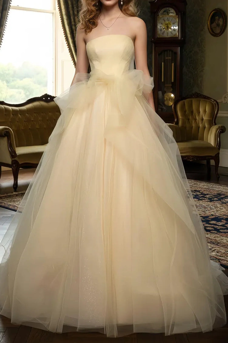 Tulle A-Line Strapless High Waist Party Prom Dress With Train