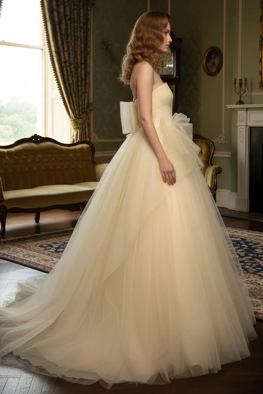 Tulle A-Line Strapless High Waist Party Prom Dress With Train