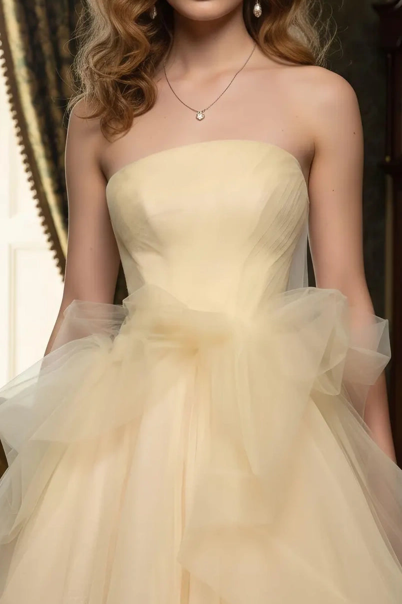 Tulle A-Line Strapless High Waist Party Prom Dress With Train