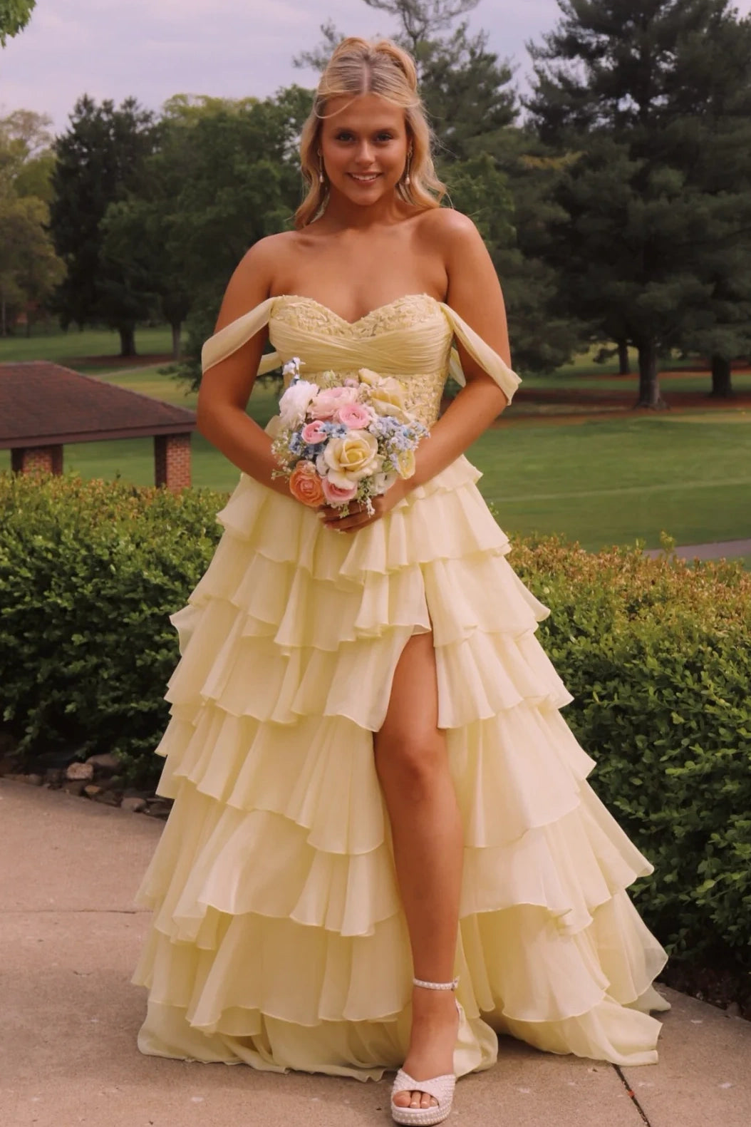 Two Tone A-Line Off-Shoulder Lace-Up Tiered Split Party Prom Dress