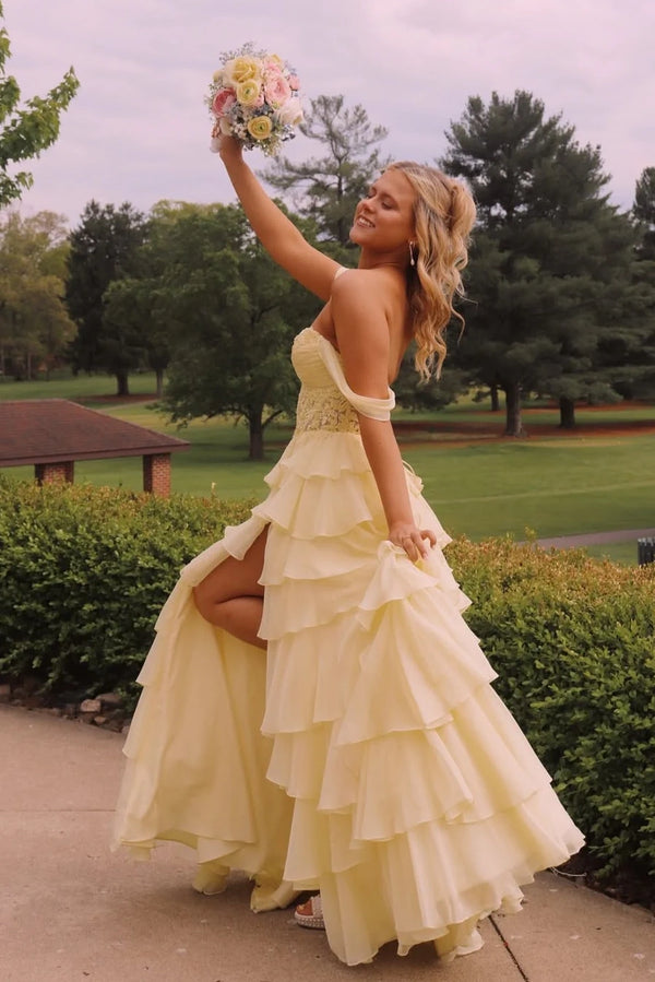 Two Tone A-Line Off-Shoulder Lace-Up Tiered Split Party Prom Dress