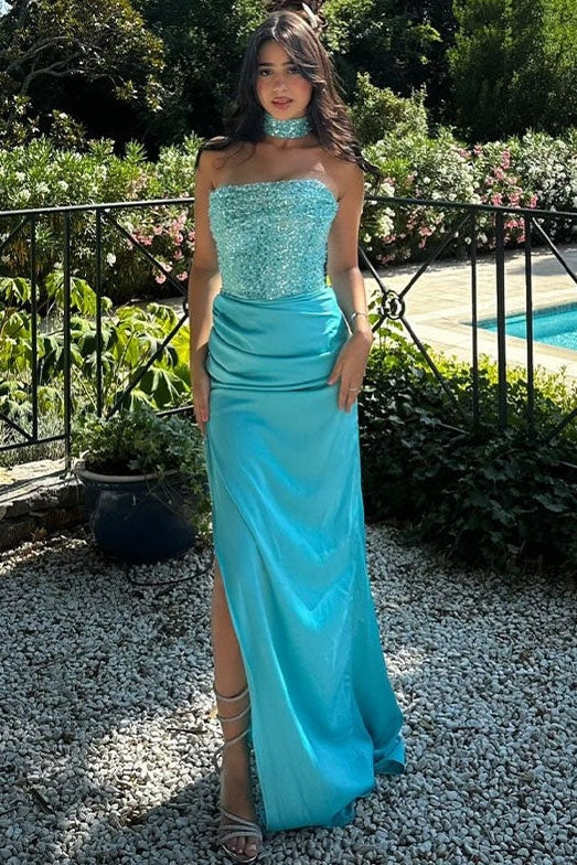 Two Tone Strapless Ruched Empire Split Party Prom Dress
