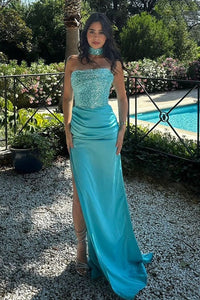 Two Tone Strapless Ruched Empire Split Party Prom Dress
