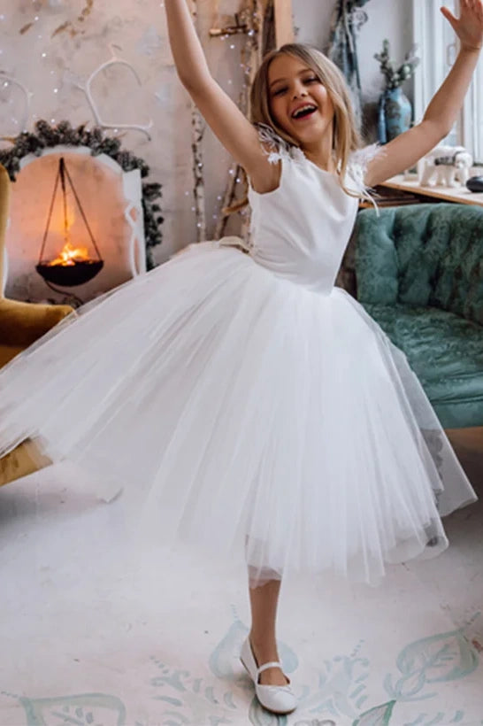 V-Back Round Sleeveless Two Tone A-Line Flower Girl Dress