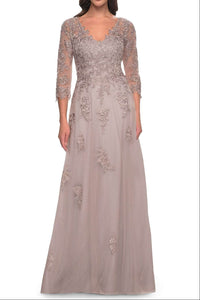 V-Neck A-Line Empire Tulle Mother Of Bride Dress With Appliques