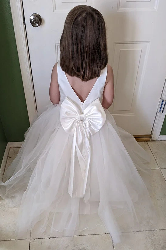 V-Neck And V-Back A-Line Flower Girl Dress With Train
