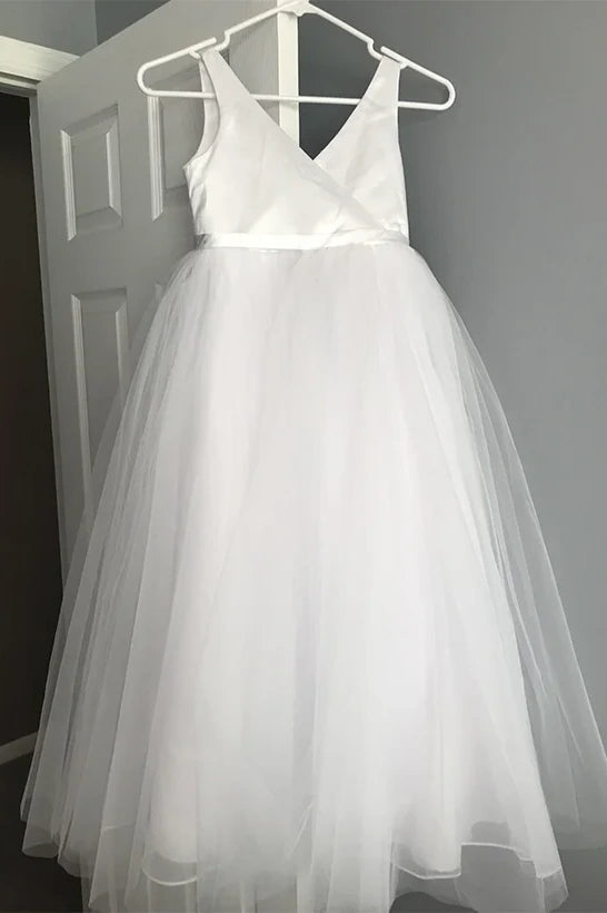 V-Neck And V-Back A-Line Flower Girl Dress With Train