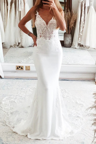 V-Neck Backless Lace Appliques Satin Mermaid Wedding Dress