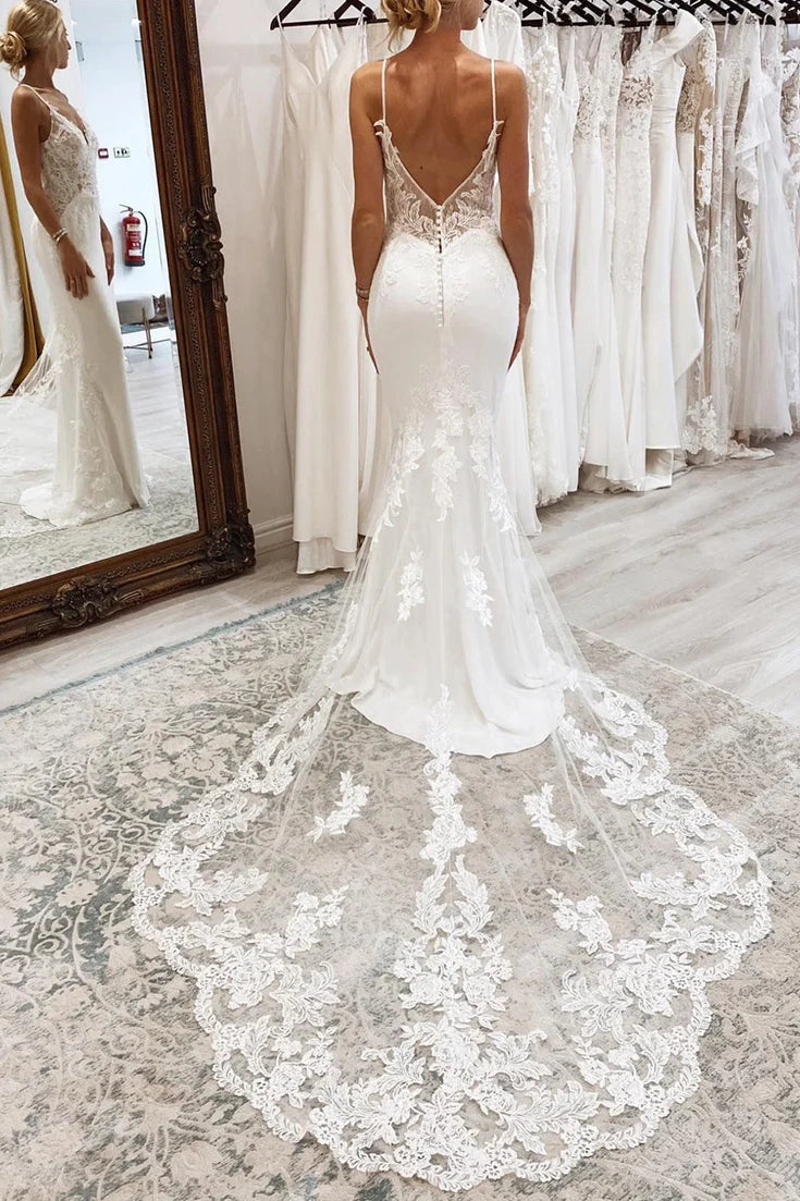 V-Neck Backless Lace Appliques Satin Mermaid Wedding Dress
