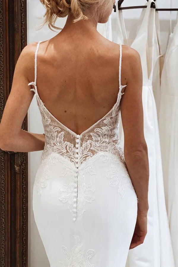 V-Neck Backless Lace Appliques Satin Mermaid Wedding Dress