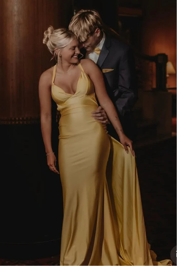 V-Neck Backless Satin Mermaid Party Prom Dress With Train