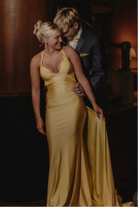 V-Neck Backless Satin Mermaid Party Prom Dress With Train