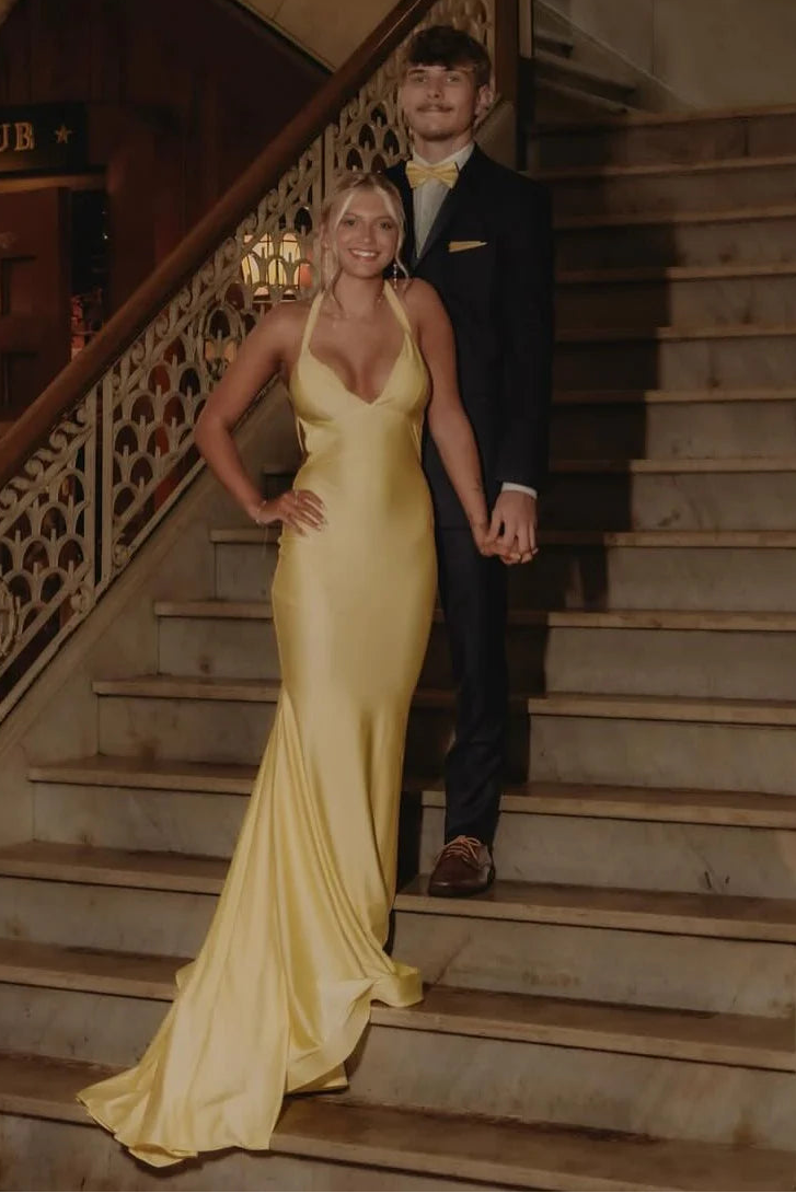 V-Neck Backless Satin Mermaid Party Prom Dress With Train