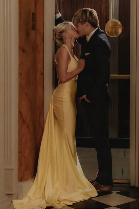 V-Neck Backless Satin Mermaid Party Prom Dress With Train