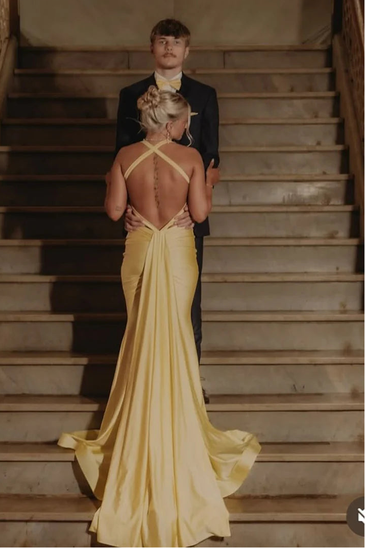 V-Neck Backless Satin Mermaid Party Prom Dress With Train