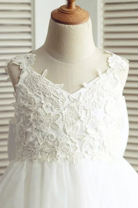 V-Neck Backless Straps A-Line Flower Girl Dress With Bow