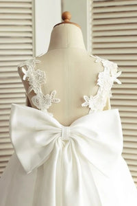 V-Neck Backless Straps A-Line Flower Girl Dress With Bow