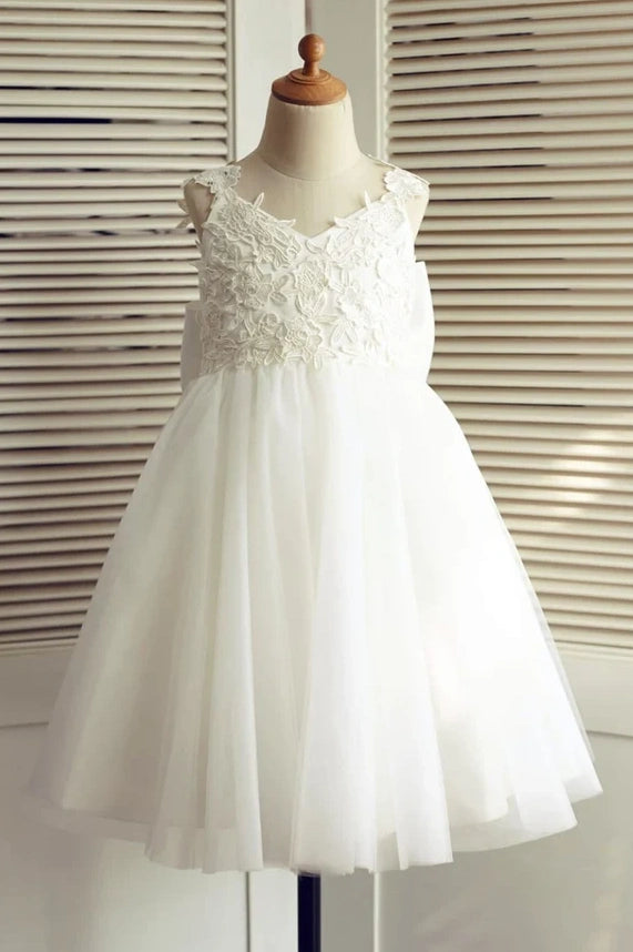 V-Neck Backless Straps A-Line Flower Girl Dress With Bow