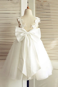 V-Neck Backless Straps A-Line Flower Girl Dress With Bow