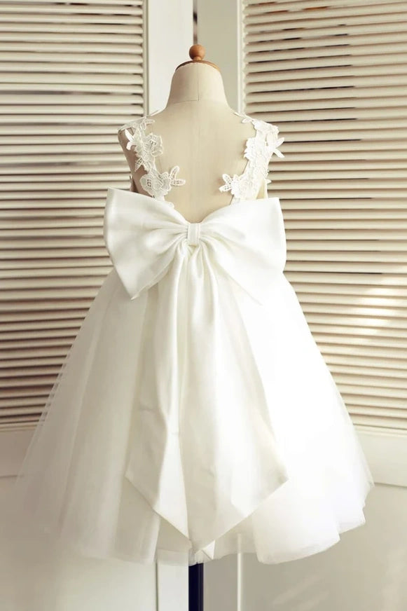 V-Neck Backless Straps A-Line Flower Girl Dress With Bow