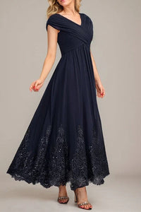 V-Neck Cap Sleeves Chiffon A-Line Lace Appliques Mother Of The Bride Dress